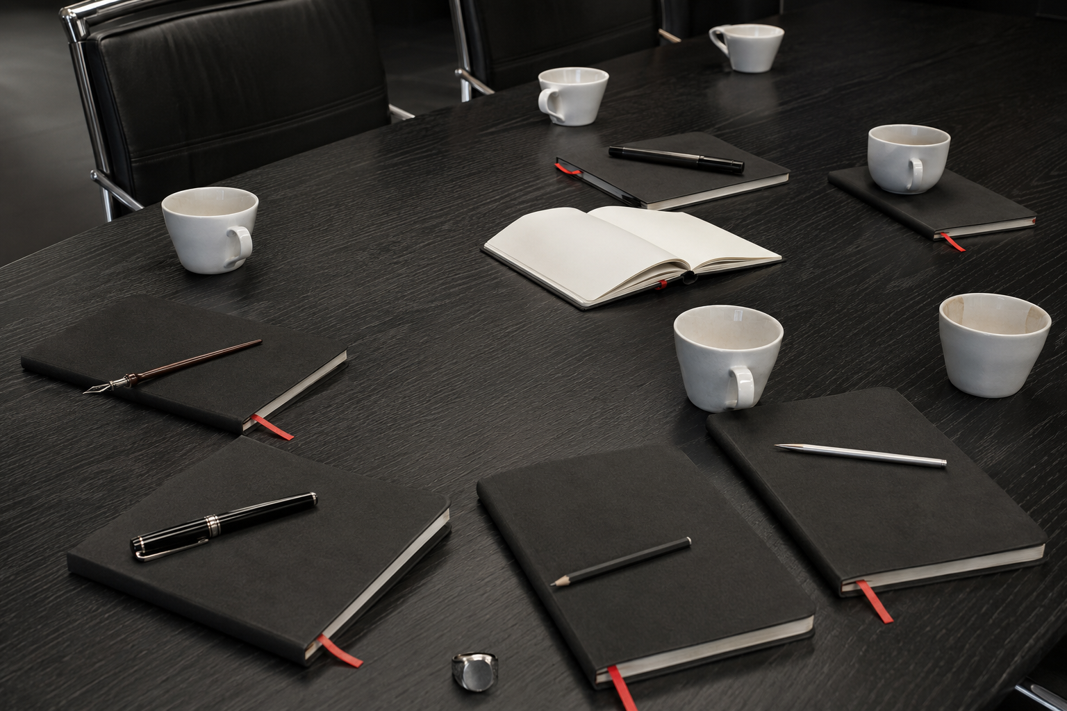 Schreibmaterial auf einem Meetingtisch: Notizbücher, Stifte und Tassen